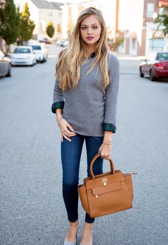 09-blue-jeans-a-grey-sweater-a-plaid-shirt-and-grey-heels