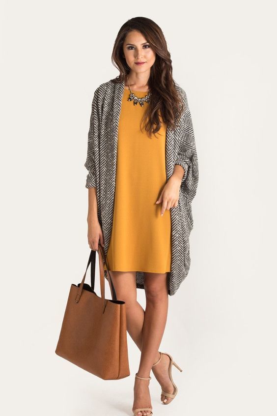 28-mustard-dress-a-chevron-coat-a-statement-necklace-and-nude-heels