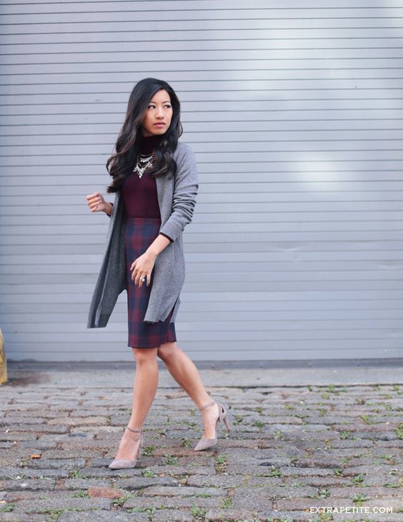 29-plaid-skirt-a-burgundy-turtleneck-a-statement-necklace-a-long-grey-cardigan-and-heels
