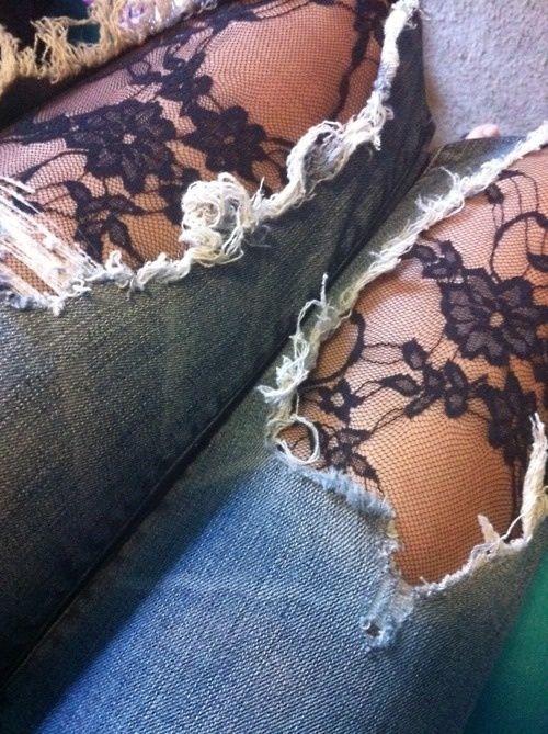 ripped jeans with material underneath